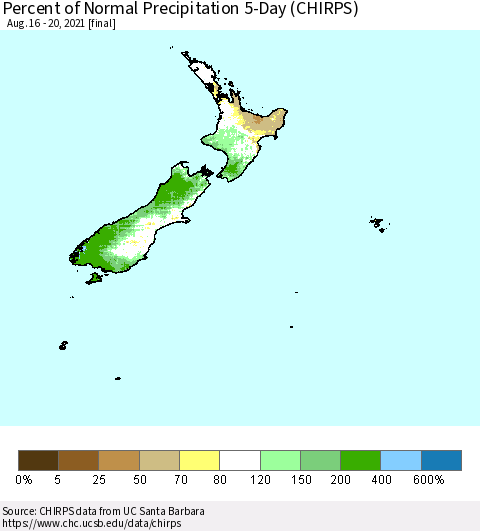 New Zealand Percent of Normal Precipitation 5-Day (CHIRPS) Thematic Map For 8/16/2021 - 8/20/2021