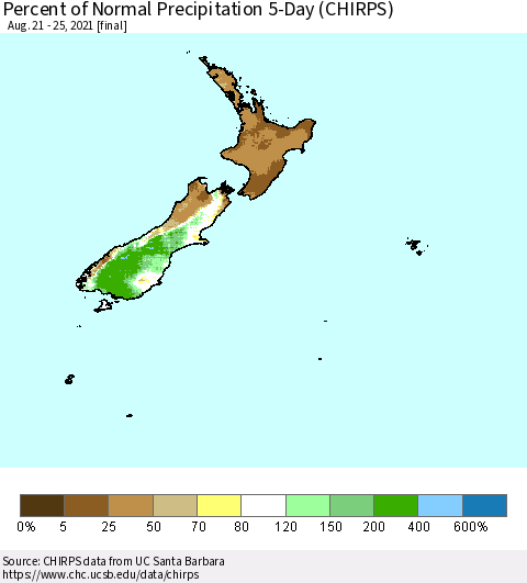 New Zealand Percent of Normal Precipitation 5-Day (CHIRPS) Thematic Map For 8/21/2021 - 8/25/2021