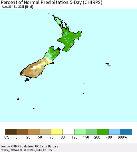 New Zealand Percent of Normal Precipitation 5-Day (CHIRPS) Thematic Map For 8/26/2021 - 8/31/2021