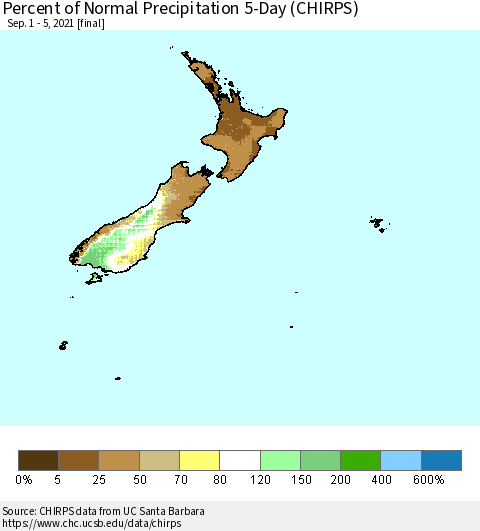 New Zealand Percent of Normal Precipitation 5-Day (CHIRPS) Thematic Map For 9/1/2021 - 9/5/2021