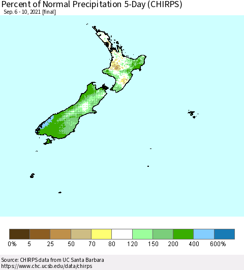 New Zealand Percent of Normal Precipitation 5-Day (CHIRPS) Thematic Map For 9/6/2021 - 9/10/2021