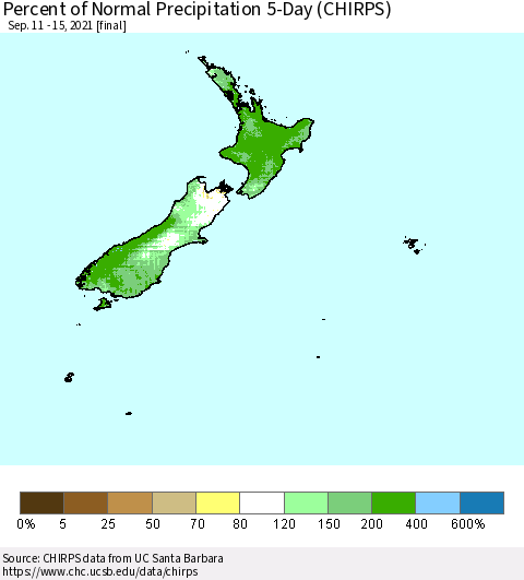 New Zealand Percent of Normal Precipitation 5-Day (CHIRPS) Thematic Map For 9/11/2021 - 9/15/2021