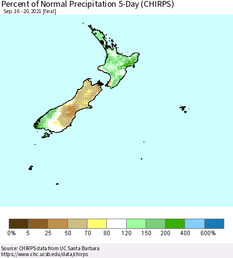 New Zealand Percent of Normal Precipitation 5-Day (CHIRPS) Thematic Map For 9/16/2021 - 9/20/2021