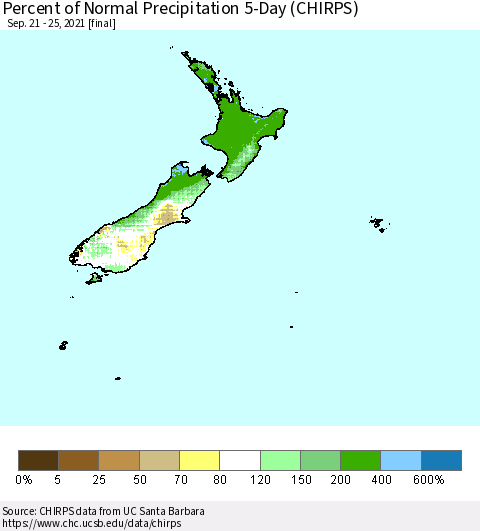 New Zealand Percent of Normal Precipitation 5-Day (CHIRPS) Thematic Map For 9/21/2021 - 9/25/2021