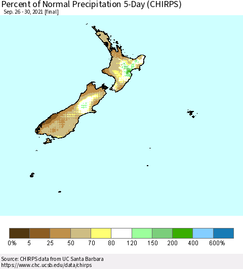 New Zealand Percent of Normal Precipitation 5-Day (CHIRPS) Thematic Map For 9/26/2021 - 9/30/2021