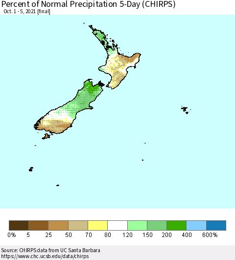 New Zealand Percent of Normal Precipitation 5-Day (CHIRPS) Thematic Map For 10/1/2021 - 10/5/2021