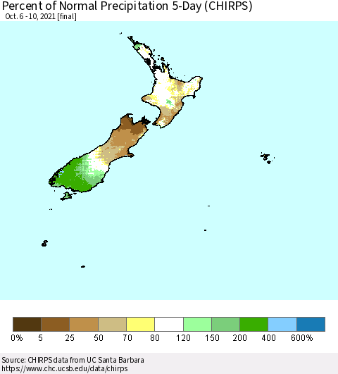 New Zealand Percent of Normal Precipitation 5-Day (CHIRPS) Thematic Map For 10/6/2021 - 10/10/2021