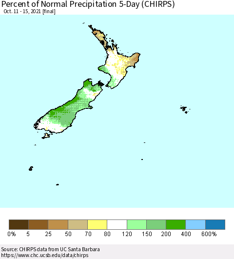 New Zealand Percent of Normal Precipitation 5-Day (CHIRPS) Thematic Map For 10/11/2021 - 10/15/2021