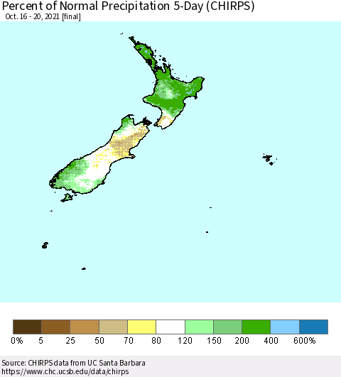 New Zealand Percent of Normal Precipitation 5-Day (CHIRPS) Thematic Map For 10/16/2021 - 10/20/2021