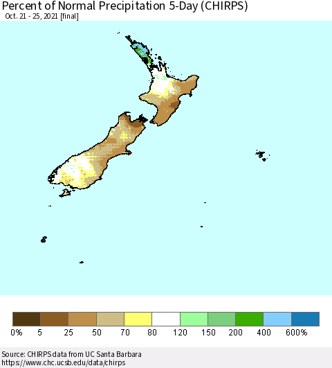 New Zealand Percent of Normal Precipitation 5-Day (CHIRPS) Thematic Map For 10/21/2021 - 10/25/2021