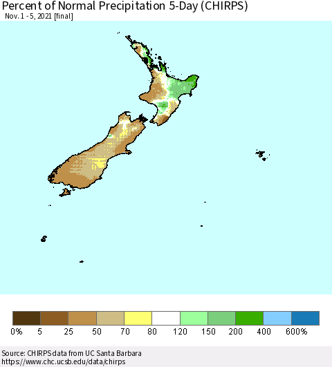 New Zealand Percent of Normal Precipitation 5-Day (CHIRPS) Thematic Map For 11/1/2021 - 11/5/2021