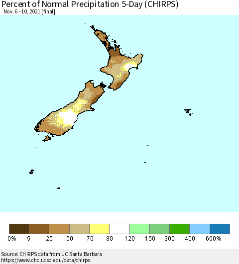 New Zealand Percent of Normal Precipitation 5-Day (CHIRPS) Thematic Map For 11/6/2021 - 11/10/2021