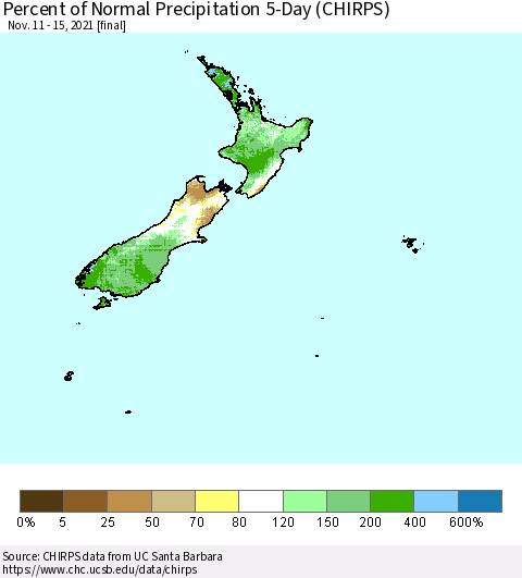 New Zealand Percent of Normal Precipitation 5-Day (CHIRPS) Thematic Map For 11/11/2021 - 11/15/2021