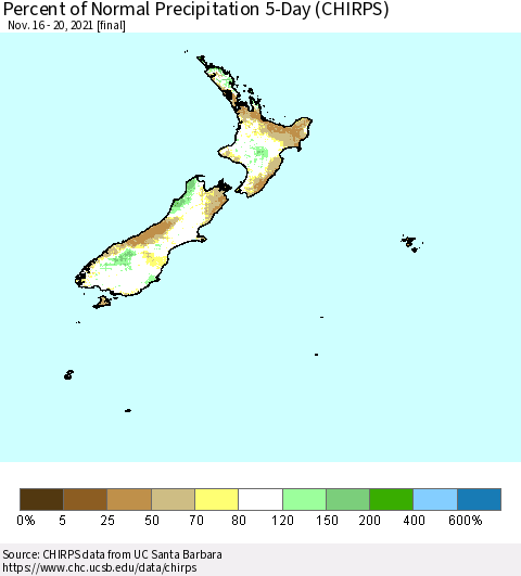 New Zealand Percent of Normal Precipitation 5-Day (CHIRPS) Thematic Map For 11/16/2021 - 11/20/2021