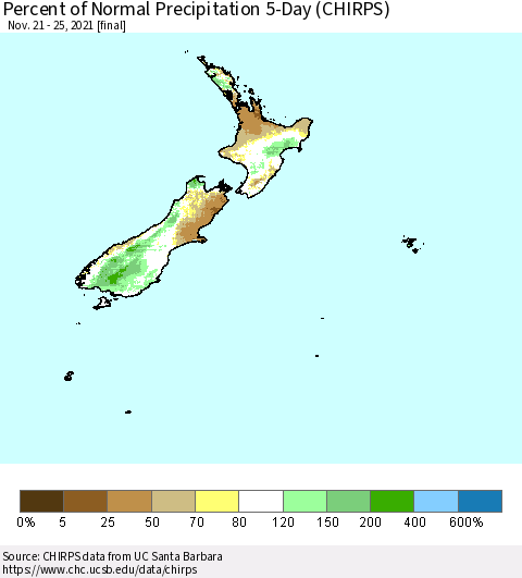 New Zealand Percent of Normal Precipitation 5-Day (CHIRPS) Thematic Map For 11/21/2021 - 11/25/2021