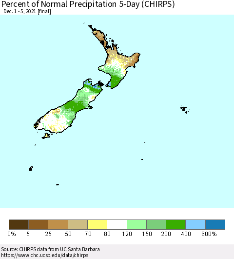 New Zealand Percent of Normal Precipitation 5-Day (CHIRPS) Thematic Map For 12/1/2021 - 12/5/2021