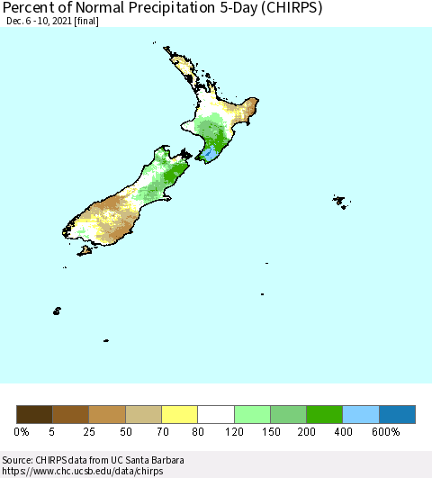 New Zealand Percent of Normal Precipitation 5-Day (CHIRPS) Thematic Map For 12/6/2021 - 12/10/2021