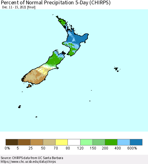 New Zealand Percent of Normal Precipitation 5-Day (CHIRPS) Thematic Map For 12/11/2021 - 12/15/2021