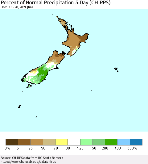 New Zealand Percent of Normal Precipitation 5-Day (CHIRPS) Thematic Map For 12/16/2021 - 12/20/2021