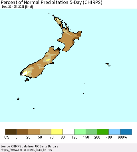 New Zealand Percent of Normal Precipitation 5-Day (CHIRPS) Thematic Map For 12/21/2021 - 12/25/2021