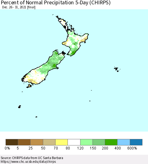 New Zealand Percent of Normal Precipitation 5-Day (CHIRPS) Thematic Map For 12/26/2021 - 12/31/2021