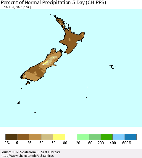 New Zealand Percent of Normal Precipitation 5-Day (CHIRPS) Thematic Map For 1/1/2022 - 1/5/2022