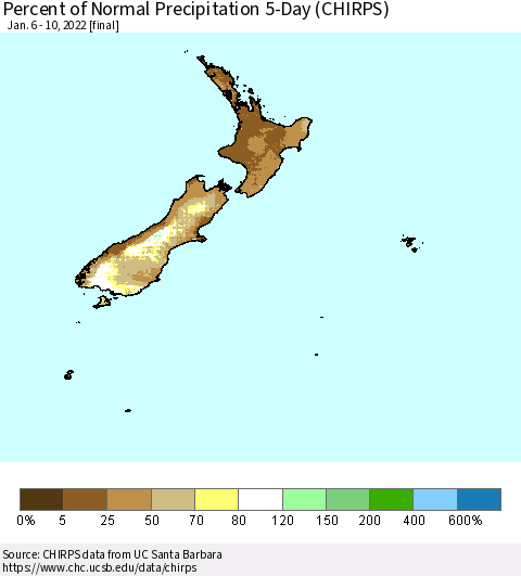 New Zealand Percent of Normal Precipitation 5-Day (CHIRPS) Thematic Map For 1/6/2022 - 1/10/2022