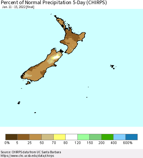New Zealand Percent of Normal Precipitation 5-Day (CHIRPS) Thematic Map For 1/11/2022 - 1/15/2022