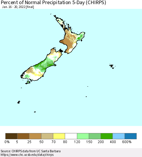 New Zealand Percent of Normal Precipitation 5-Day (CHIRPS) Thematic Map For 1/16/2022 - 1/20/2022