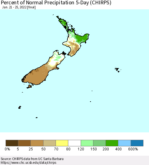 New Zealand Percent of Normal Precipitation 5-Day (CHIRPS) Thematic Map For 1/21/2022 - 1/25/2022