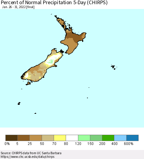 New Zealand Percent of Normal Precipitation 5-Day (CHIRPS) Thematic Map For 1/26/2022 - 1/31/2022