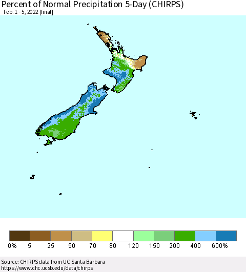New Zealand Percent of Normal Precipitation 5-Day (CHIRPS) Thematic Map For 2/1/2022 - 2/5/2022