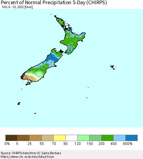 New Zealand Percent of Normal Precipitation 5-Day (CHIRPS) Thematic Map For 2/6/2022 - 2/10/2022