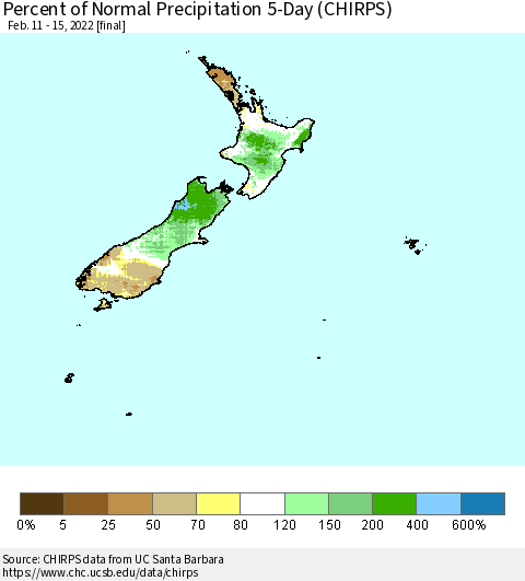 New Zealand Percent of Normal Precipitation 5-Day (CHIRPS) Thematic Map For 2/11/2022 - 2/15/2022