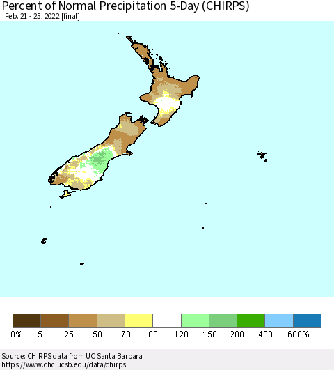 New Zealand Percent of Normal Precipitation 5-Day (CHIRPS) Thematic Map For 2/21/2022 - 2/25/2022