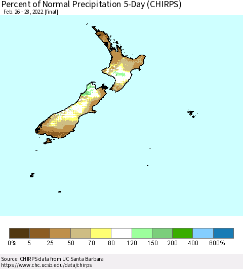 New Zealand Percent of Normal Precipitation 5-Day (CHIRPS) Thematic Map For 2/26/2022 - 2/28/2022
