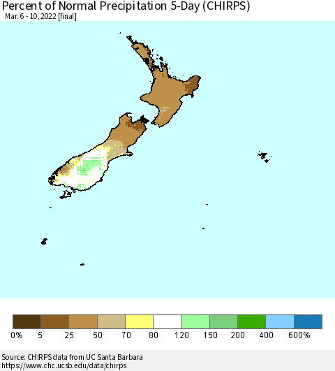 New Zealand Percent of Normal Precipitation 5-Day (CHIRPS) Thematic Map For 3/6/2022 - 3/10/2022