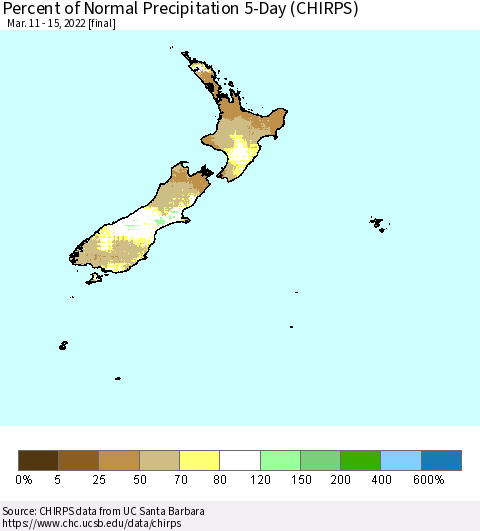 New Zealand Percent of Normal Precipitation 5-Day (CHIRPS) Thematic Map For 3/11/2022 - 3/15/2022