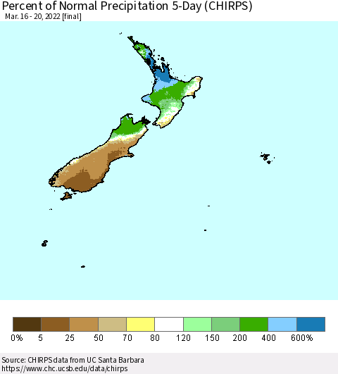 New Zealand Percent of Normal Precipitation 5-Day (CHIRPS) Thematic Map For 3/16/2022 - 3/20/2022