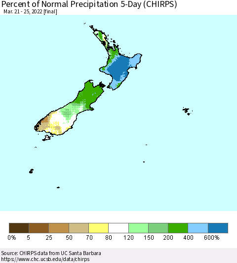 New Zealand Percent of Normal Precipitation 5-Day (CHIRPS) Thematic Map For 3/21/2022 - 3/25/2022