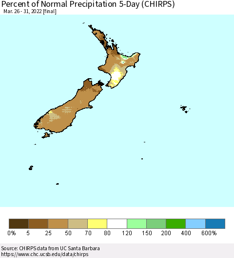New Zealand Percent of Normal Precipitation 5-Day (CHIRPS) Thematic Map For 3/26/2022 - 3/31/2022