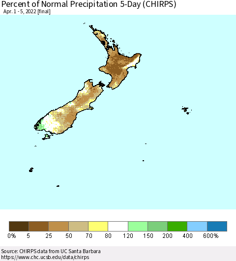 New Zealand Percent of Normal Precipitation 5-Day (CHIRPS) Thematic Map For 4/1/2022 - 4/5/2022