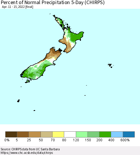 New Zealand Percent of Normal Precipitation 5-Day (CHIRPS) Thematic Map For 4/11/2022 - 4/15/2022