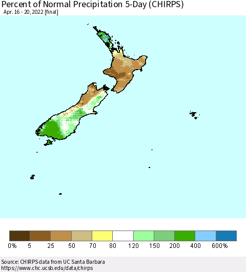 New Zealand Percent of Normal Precipitation 5-Day (CHIRPS) Thematic Map For 4/16/2022 - 4/20/2022