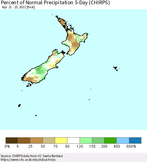 New Zealand Percent of Normal Precipitation 5-Day (CHIRPS) Thematic Map For 4/21/2022 - 4/25/2022