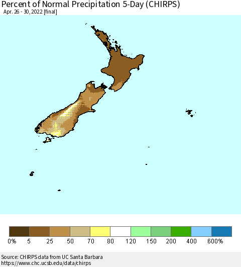 New Zealand Percent of Normal Precipitation 5-Day (CHIRPS) Thematic Map For 4/26/2022 - 4/30/2022