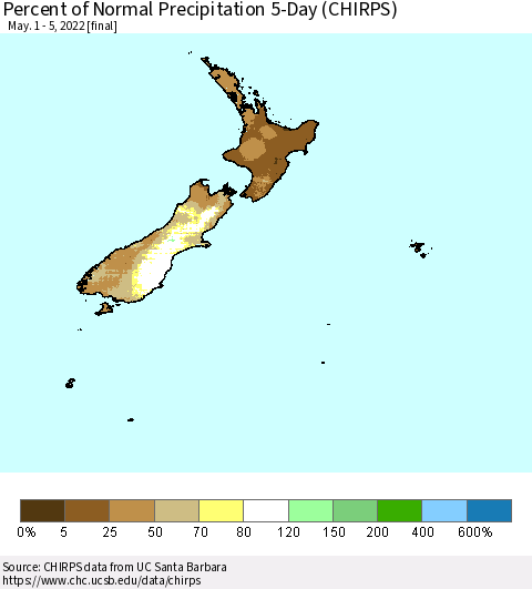 New Zealand Percent of Normal Precipitation 5-Day (CHIRPS) Thematic Map For 5/1/2022 - 5/5/2022