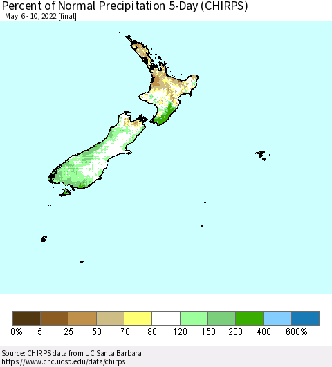 New Zealand Percent of Normal Precipitation 5-Day (CHIRPS) Thematic Map For 5/6/2022 - 5/10/2022