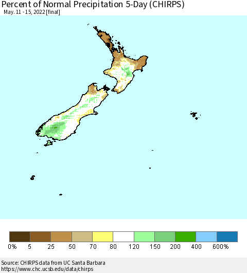 New Zealand Percent of Normal Precipitation 5-Day (CHIRPS) Thematic Map For 5/11/2022 - 5/15/2022
