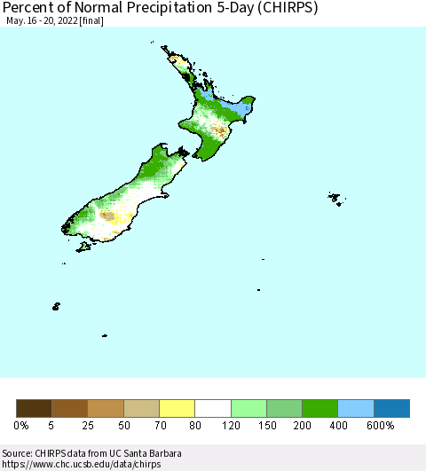 New Zealand Percent of Normal Precipitation 5-Day (CHIRPS) Thematic Map For 5/16/2022 - 5/20/2022